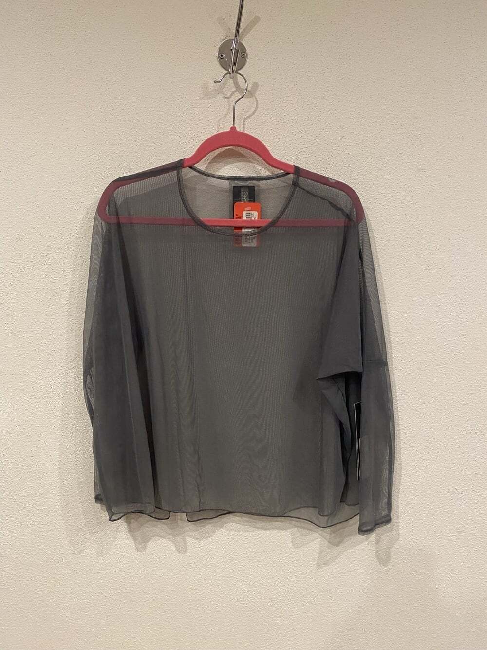Sympli Barely Cinch Top Womens 6 Gray Sheer Mesh Long Sleeve Pullover Blouse